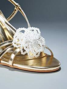 SHUZIA Women's Elegant Minimalist Pearl Floral Decor Back Strap Stiletto Heel Sandals - Gold - View 6