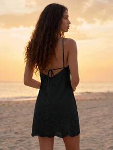 CAJUNI Women's Solid Color Fashion Halter Mini Dress For Vacation - Black - View 2