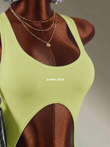 Amplova Solid Color Backless Fitted Sports Romper - Yellow - View 5
