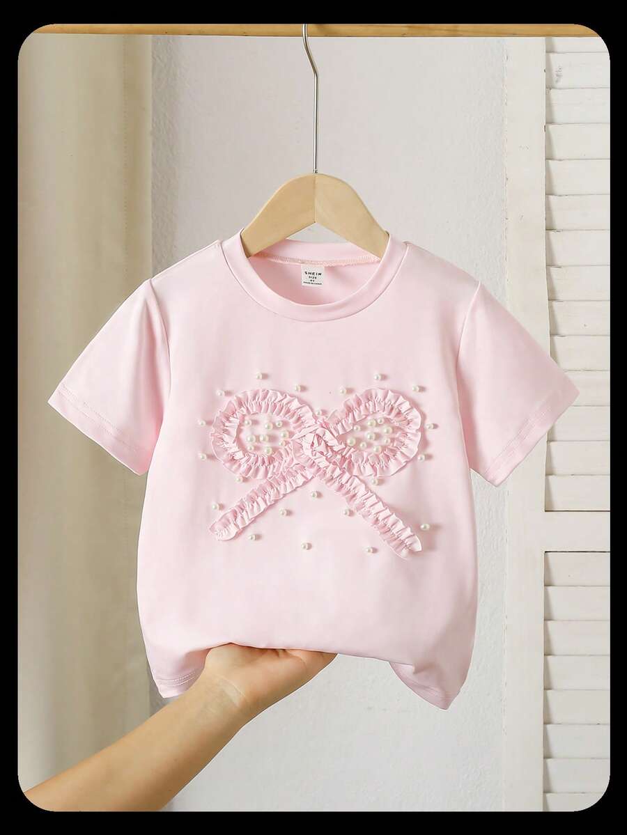 Genkimix Kids 女童(小號)可愛優雅蝴蝶結設計 3D 串珠工藝休閒 T-shirt - 粉色 - 查看 1