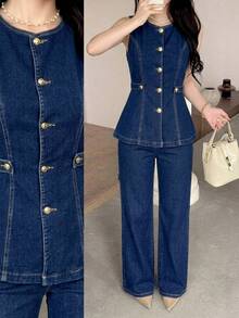 Feyla Women's Casual Commute Vest & Long Pants Denim Set Teacher Outfits For Women - Dark Wash - View 4