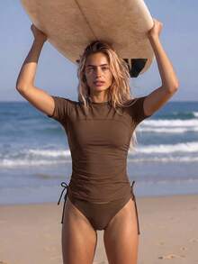 Swim SPRTY Women's Solid Color Pleated Short Sleeve Swim Top, Suitable For Vacation, Beach And Seaside - Brown - View 3