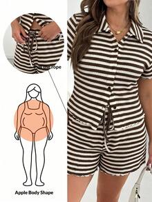 Shapeblank Plus Size Summer Casual Striped Top And Shorts 2 Pieces Set - Brown - View 2
