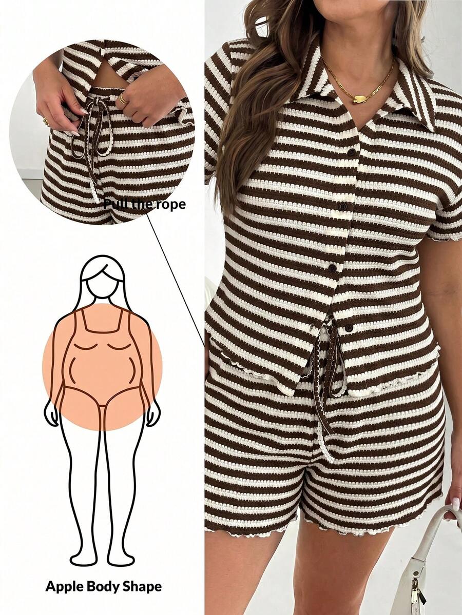 Shapeblank Plus Size Summer Casual Striped Top And Shorts 2 Pieces Set