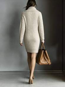 SHEIN Women's Solid Color Casual Daily Knit Dress - Apricot - View 2