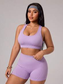 Velisys Velisys Women's Plus Size Solid Color Cropped Top And High Waist Shorts Casual Daily Sports Set - Multicolor - View 7