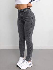 SHEIN Tall CURVE 女款大尺碼藍色丹寧彈性緊身牛仔褲 - 灰色 - 查看 3