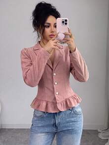 SHEIN Elenzya Women's Faux Pearl Decorated Ruffle Hem Long Sleeve Blazer - Pink - View 3