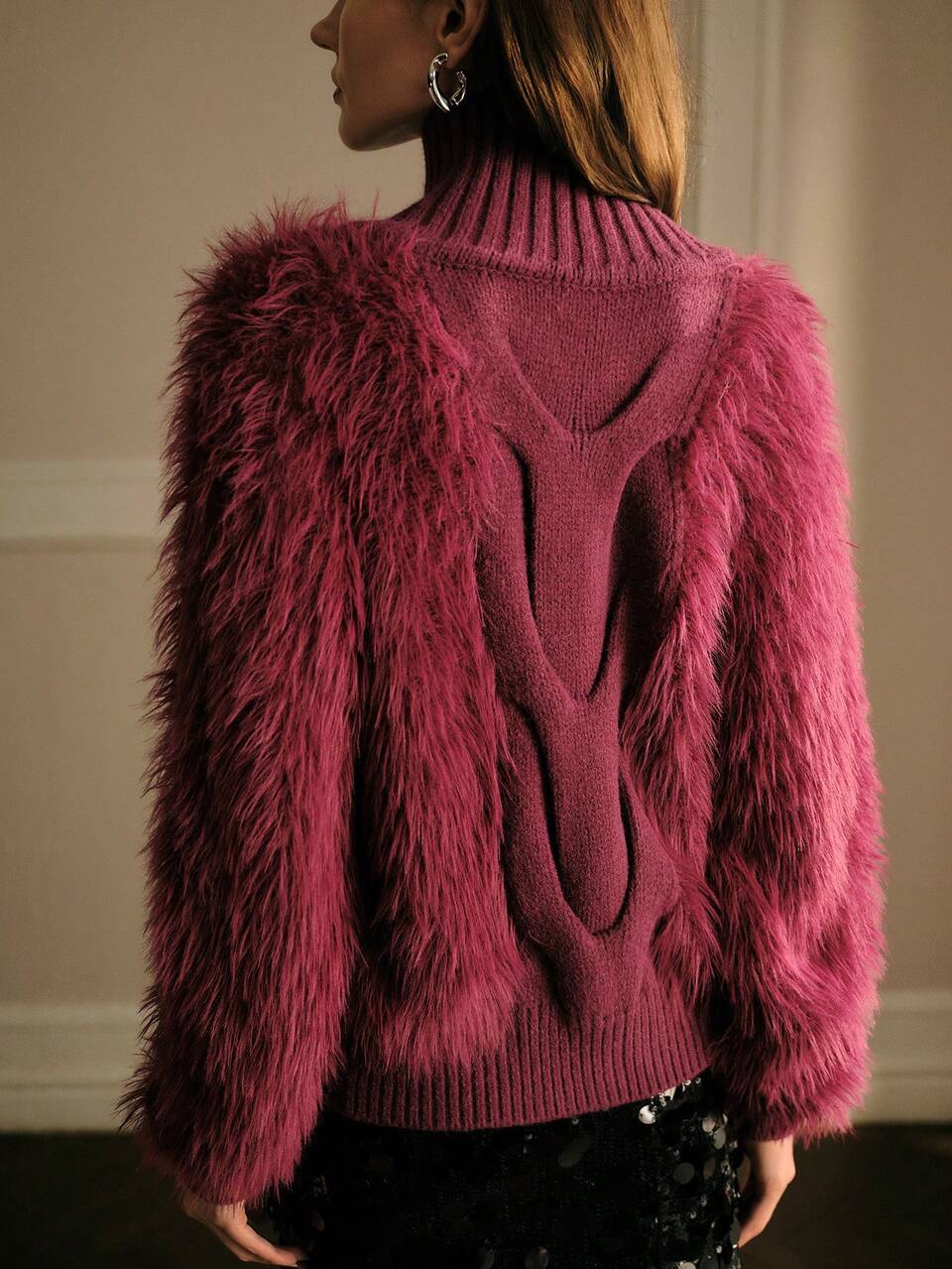 MOTF WOMEN'S AUTUMN/WINTER CONTRAST FURRY PANEL KNIT CARDIGAN