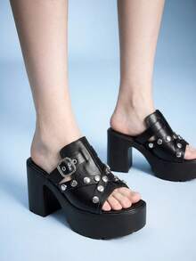 Sugerpunk Women's Punk Style Buckle Pattern Bump Nail Slip-On Design Platform Fashion High-Heeled Sandals - Black - View 6