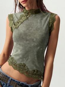 Bohemela Tank Top Rajut Kasual dengan Detail Renda Kontras untuk Wanita - Hijau Tentara - View 3