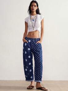 Bohemela Women's Polka Dot Print Casual Vintage Washed Long Pants Vacation Blue Polka Dot Autumn - Navy Blue - View 5