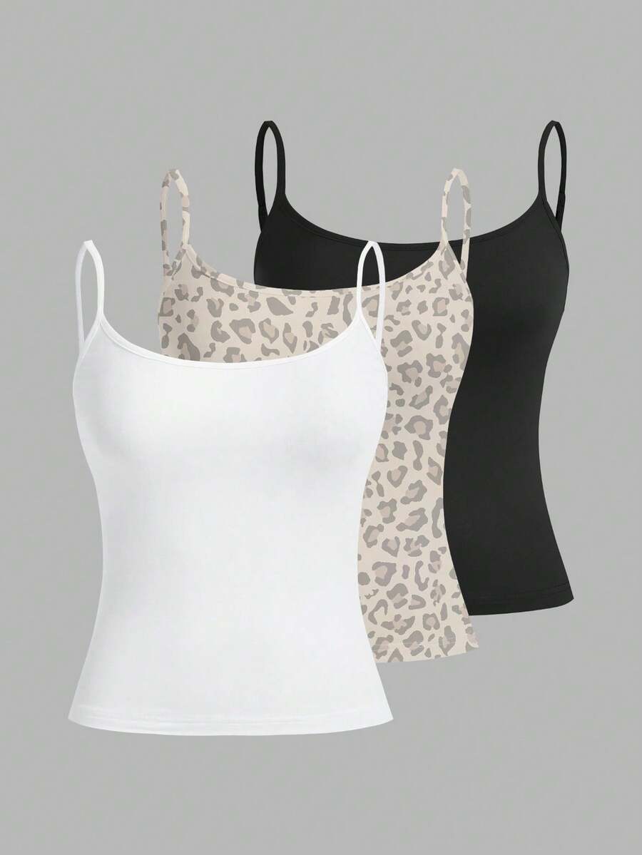 SHEIN EZwear 3pcs Casual Minimalist Black & White Leopard Print Pattern Tight Fitting Camisole Set, Versatile Style Suitable For Summer,Summer Top - Multicolor - View 1
