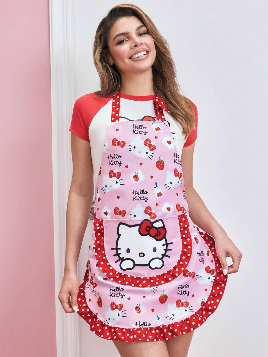 HELLO KITTY AND FRIENDS | SHEIN 1件可愛設計廚房圍裙 烘焙圍裙 荷葉邊蝴蝶結裝飾 可愛圍裙 S與M兩種尺寸 親子圍裙 - 彩色 - 查看 1
