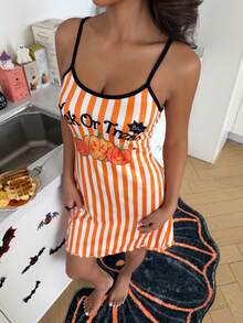 ZzzCrew Halloween Striped Pumpkin Print Women's Camisole Nightgown - Orange - View 7