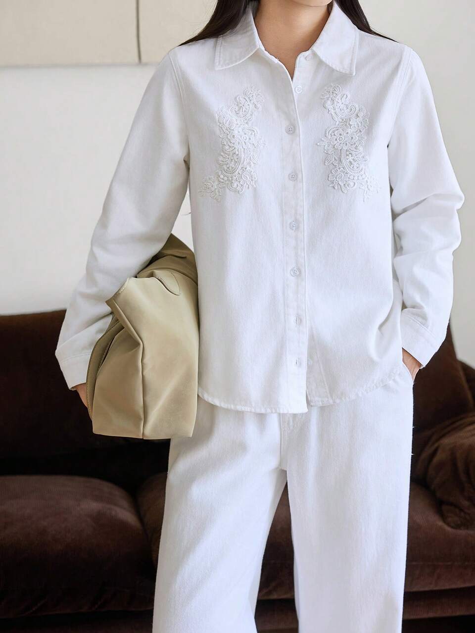 Women's Embroidered Long Sleeve Single-Breasted Denim Shirt And Denim Pants Casual Set