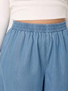 Solflare Plus Size Blue Elastic Waist Loose Wide Leg Long Pants - Blue - View 5