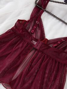 ZzzCrew Plus Size Women's Mesh Underwire Thin Cup Sheer Sexy Lingerie Set - Burgundy - View 3