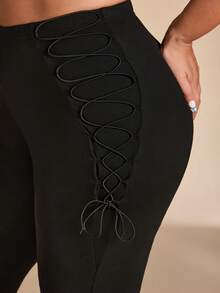SHEIN BAE CURVE Plus Size Black Sexy Lace-Up Tie-Up Cropped Leggings,Black Sommar Casual Formal Gym Leggings,High Waist Cropped Mid-Calf Length Split Hem Slit Detail - Black - View 7
