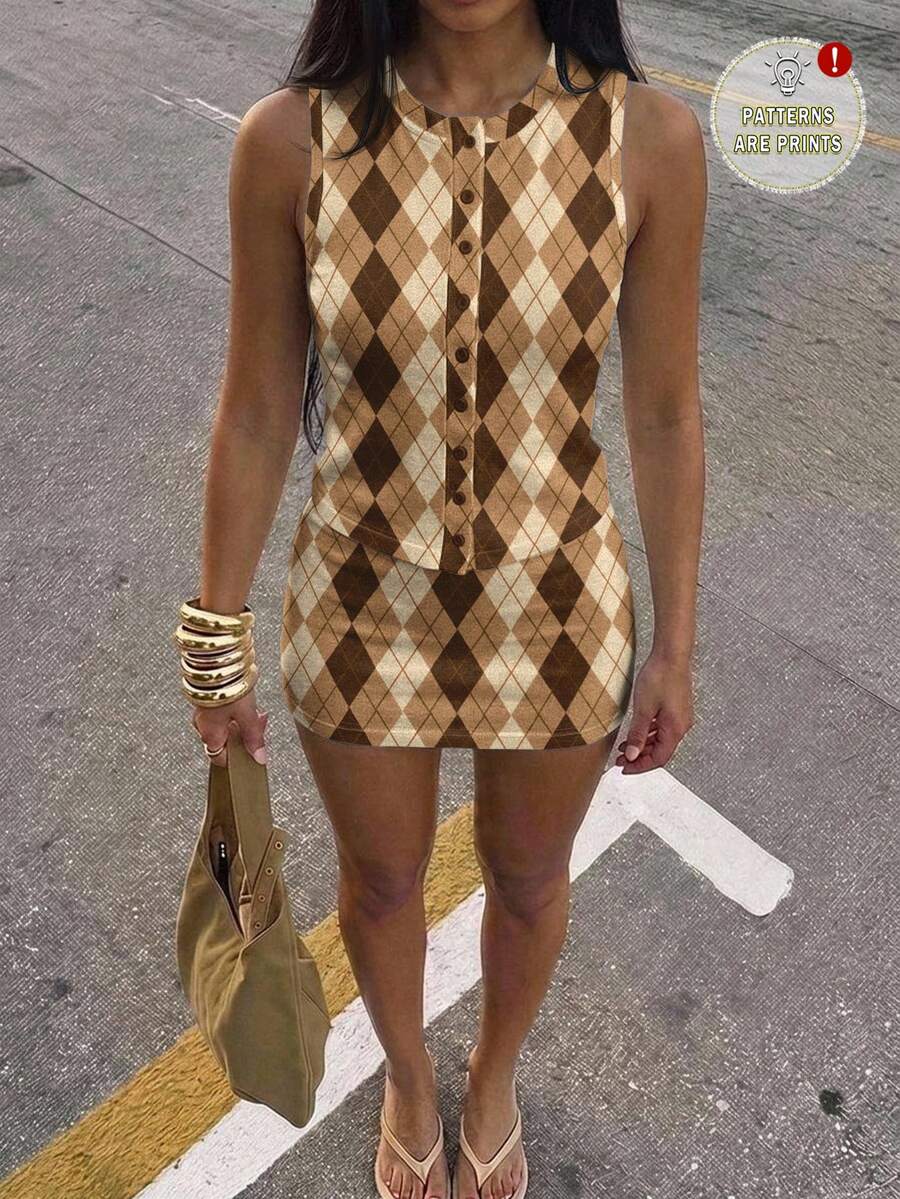 SHEIN BAE 女款夏季休閒鑽石印花背心與裙子兩件套,現代都市時尚商務休閒辦公穿搭,低調老錢風優雅風格 - 彩色 - 查看 1