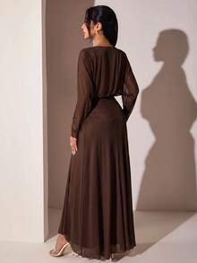 Veilorie Women's Elegant Solid Color Long Dress For Party - Coffee Brown - View 2