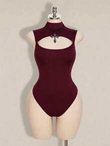 SHEIN ICON Women's Plus Size Hollow Out Solid Color Sexy Bodysuit Fall - Burgundy - View 6