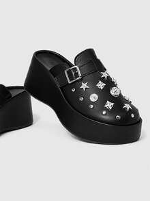 ROMWE Grunge Punk Retro Rivet Heel Mules Shoes Women's, Platform Sole Slip-On Punk Style Versatile Outdoor Cool Slippers, Summer Wear Fall Shoes - Black - View 6
