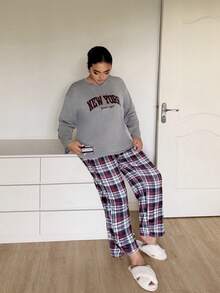 Napfluff CURVE Napfluff CURVE Plus Size Women's Casual Knit Plaid & Letter Print Loungewear Pajama Set - Grey - View 5