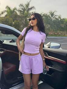Muchica 淡紫色针织修身女士圆领短袖上衣和短裤家居服套装 - 紫丁香色 - 查看 4