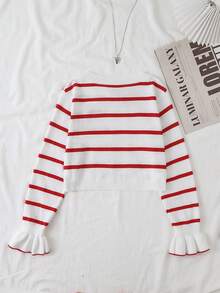 Tween Girl Red Striped Bow Decor Knitted Cardigan - Red - View 2
