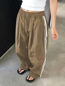 DAZY Women's Elastic Waist Patchwork Webbing Loose Street Style Long Pants, All Season Fall - Mocha Brown - View 6