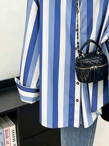 Franclia 大尺碼彩色條紋休閒梭織長袖襯衫，秋冬款 - 藍色 - 查看 3