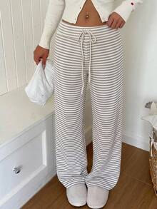 CovetEZ Women Striped Knit Lounge Pants Comfortable Drawstring Wide Leg Trousers For Casual Wear - Khaki - View 4
