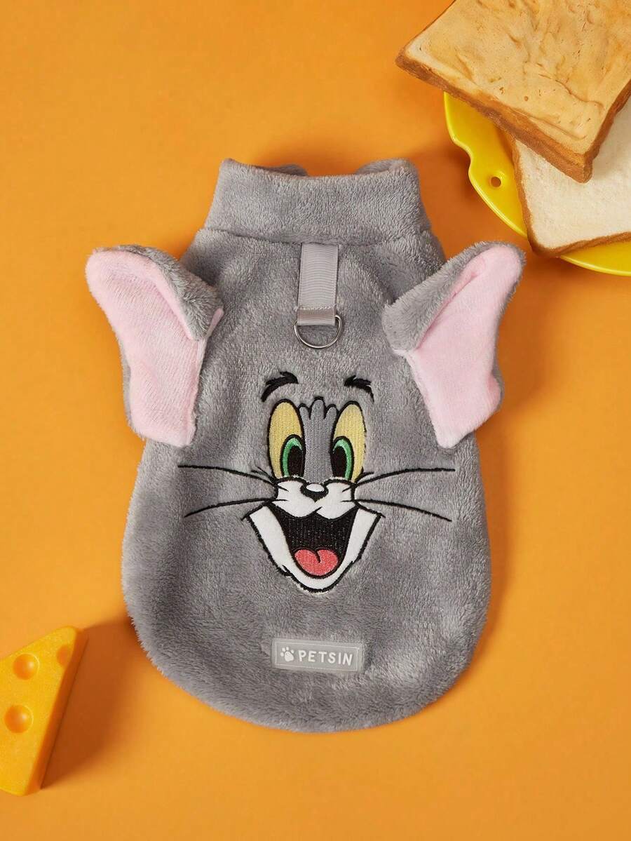 TOM & JERRY X PETSIN 1件刺繡藍貓灰色絨毛保暖無袖防滑外套,附牽引扣,適用於貓狗,適合室內保暖或安全的戶外探險 - 灰色 - 查看 1