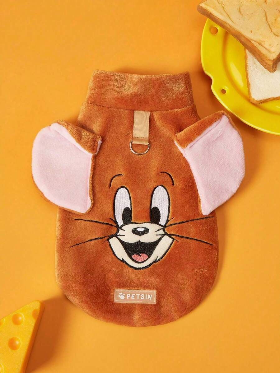TOM & JERRY X PETSIN 1件刺繡棕色老鼠絨毛保暖無袖防滑外套,附牽引扣,適合貓狗,適合舒適室內保暖或安全戶外冬季散步 - 彩色 - 查看 1