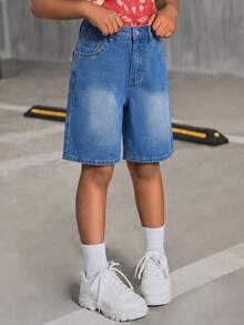 SHEIN Tween Girl Pocket Button Casual Versatile Daily Outing Denim Shorts - Medium Wash - View 3