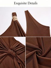 SOLERSUN V-Neck Halter-Neck Strappy Backless Fishtail Maxi Dress With Metal Buckle Embellishments And Flowing Wedding Dinner Coffee Brown Summer Elegant - Brown - View 8