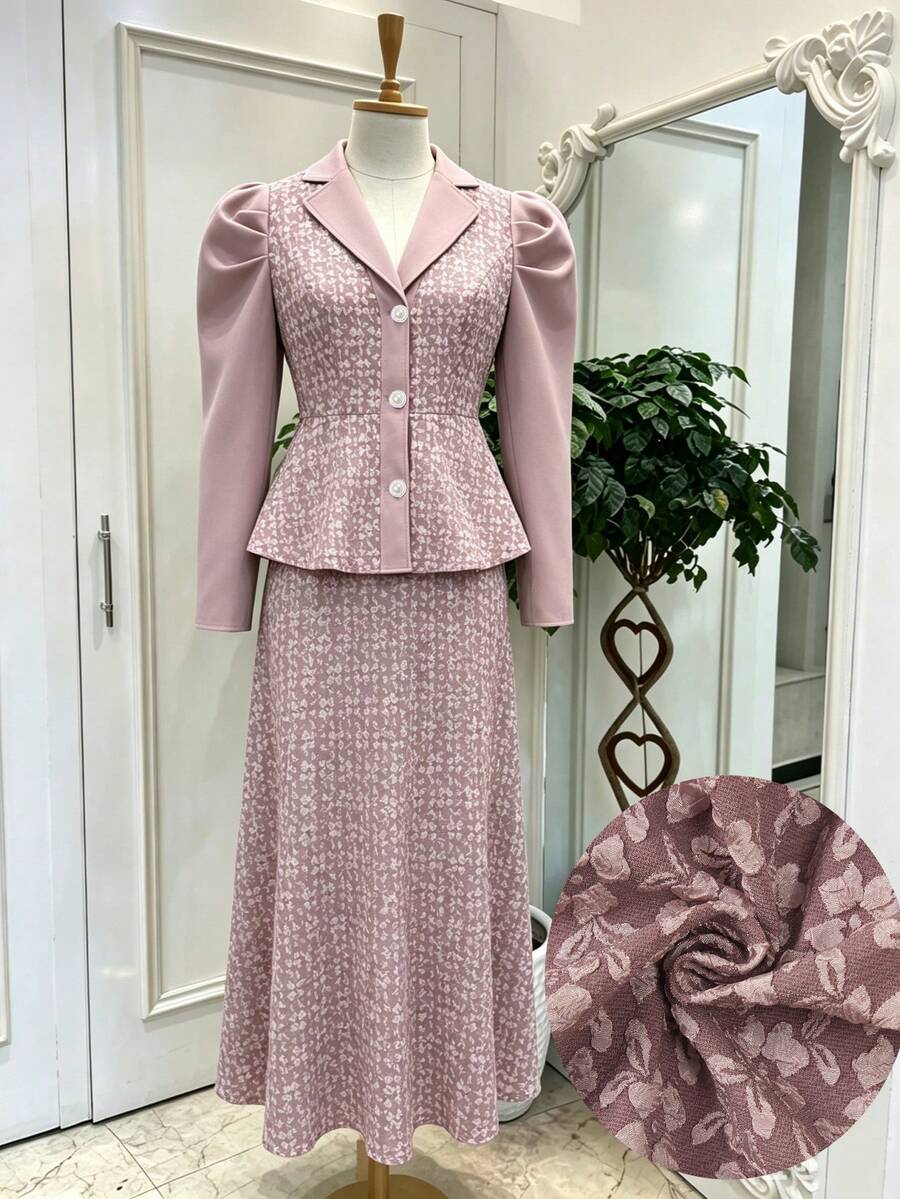 Modelyn Plus Size Elegant Commuter Jacquard Patchwork Shirt & Skirt 2 Pieces Set - Dusty Pink - View 1