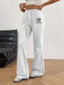 Betty Boop x SHEIN SHEIN EZwear 女款休閒極簡抽繩喇叭運動長褲，Betty聯名印花圖案，適合外出與返校穿著 - 灰色 - 查看 4
