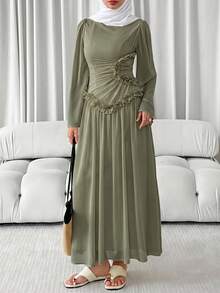 Solavon Women's Elegant Solid Color Ruffle Long Dress - Green - View 8