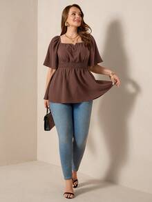 Comfylo Off-Shoulder Square Neck 2-Way Wear Flowy Hem Plus Size Blouse - Brown - View 4