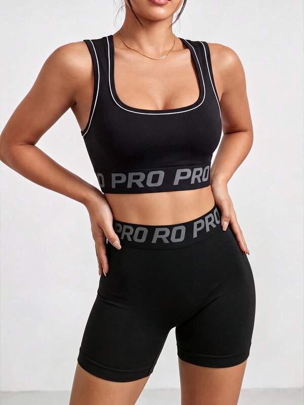 Solea Cove 2pcs/Set Regular Tank Top + Regular Shorts /Letter Waist Design/Contrast Collar Design/Basic Style/Black/Sports Set/Fitness + Yoga