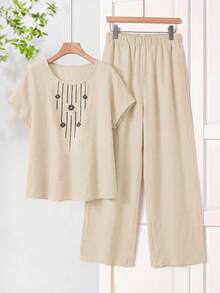Rusticease 女款刺繡圓領短袖上衣與寬腿褲兩件套居家服 正式天藍色秋季休閒得體 - 杏色 - 查看 1