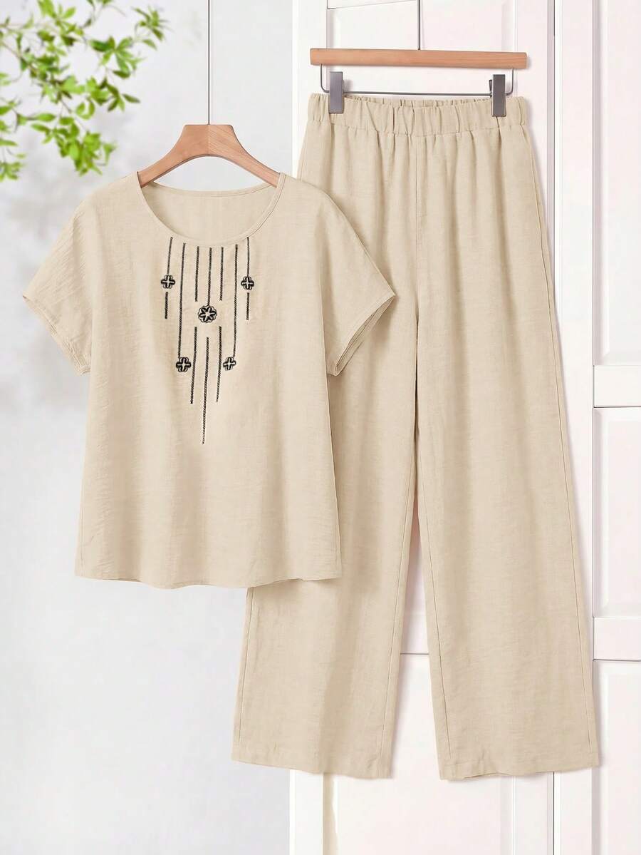 Rusticease 女款刺繡圓領短袖上衣與寬腿褲兩件套居家服 正式天藍色秋季休閒得體 - 杏色 - 查看 1