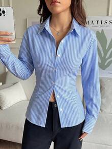 SHEIN EZwear 女款休閒極簡藍白條紋不對稱條紋印花前扣式後腰綁帶修身長袖襯衫，適合秋季辦公商務 - 彩色 - 查看 4
