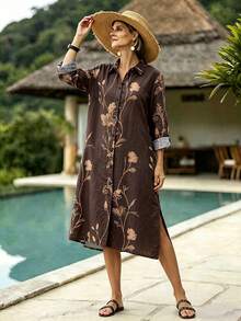 Isle Nomé Women's Short Vacation Print Summer Dress - Coffee - View 6
