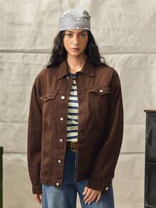 Norleigh Men Loose Fit Long Sleeve Cotton Solid Color Front Button Casual Denim Jacket, For Fall - Coffee Brown - View 9