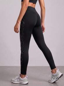 SHEIN Tween Girl Contrast Panel Phone Pocket Top-Stitching Active Leggings, Autumn Winter, Fall, Back To School, Yoga, Running, Cycling, Gym, Workout - Black - View 5