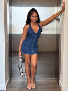 Alexandranx Zip Up Bodycon Denim Dress Casual - Blue - View 6