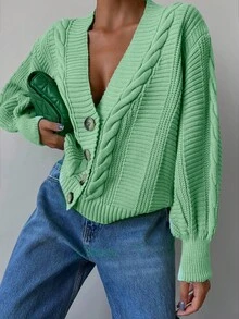 EURMUSE Cable Knit Drop Shoulder Cardigan - Mint Green - View 5
